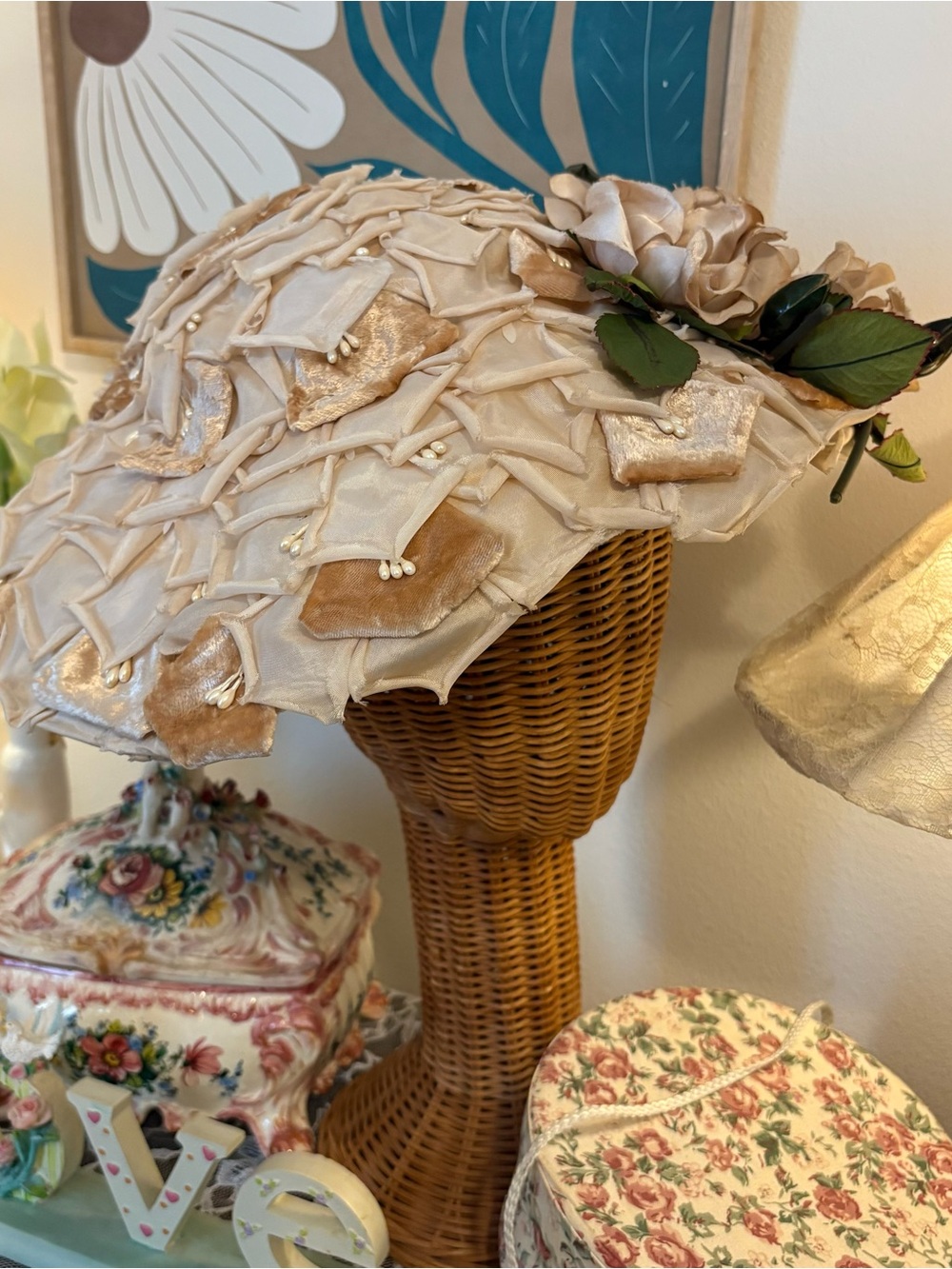 Vintage 1940’s Hat Millinery Flower Petals Rosette Crown Wedding Cottagecore